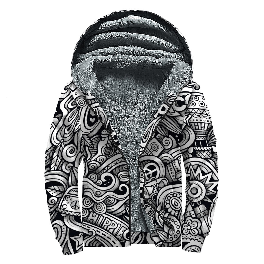 Graffiti Surfing Pattern Print Sherpa Lined Zip Up Hoodie