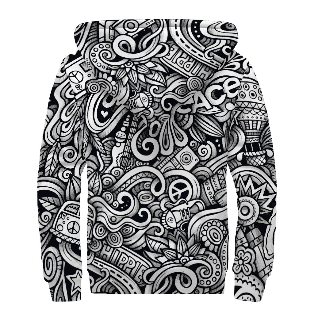 Graffiti Surfing Pattern Print Sherpa Lined Zip Up Hoodie