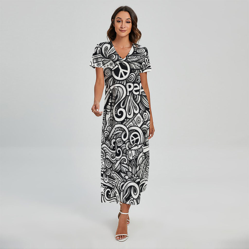 Graffiti Surfing Pattern Print Short Sleeve Maxi Dress