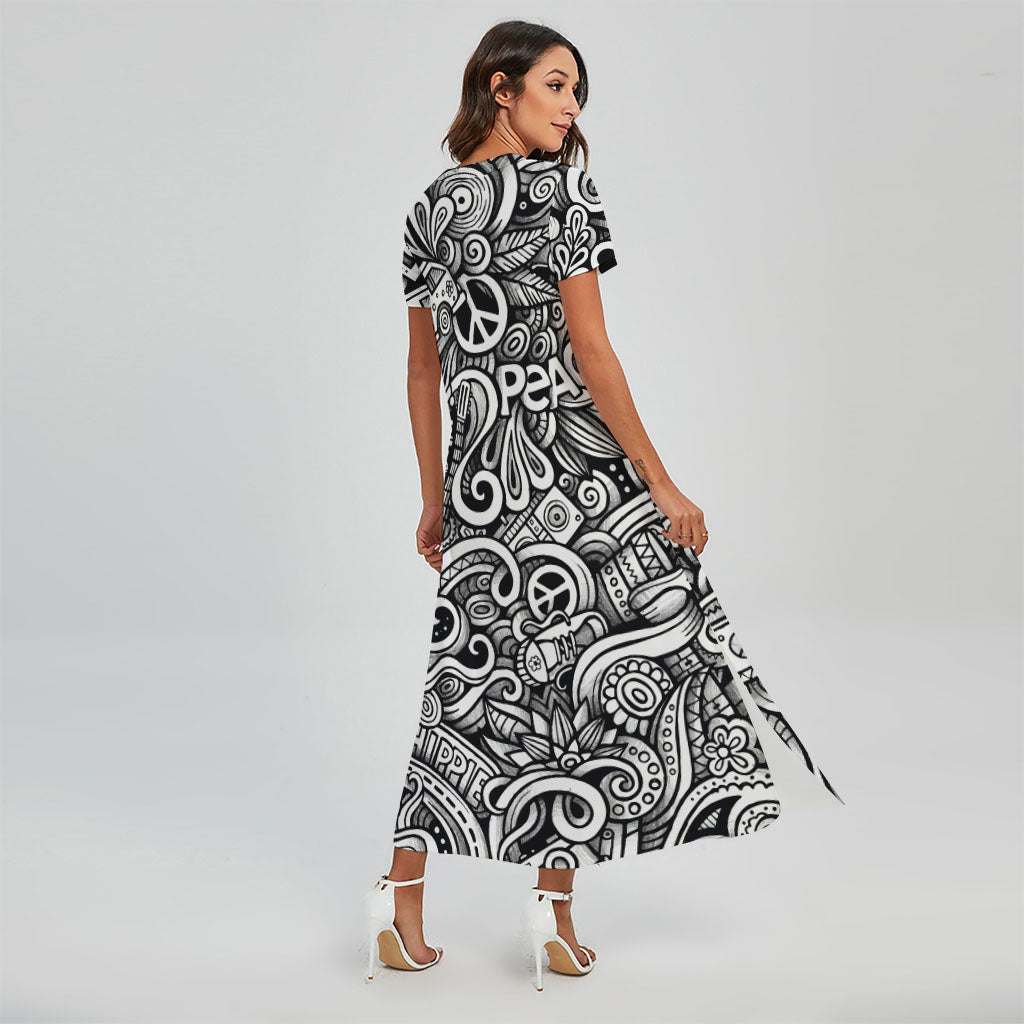 Graffiti Surfing Pattern Print Short Sleeve Maxi Dress