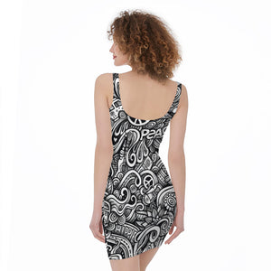 Graffiti Surfing Pattern Print Sleeveless Bodycon Dress