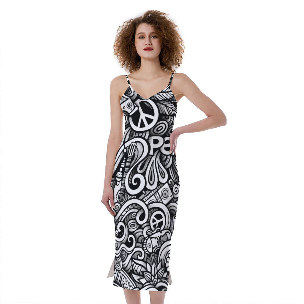 Graffiti Surfing Pattern Print Slim Fit Midi Cami Dress