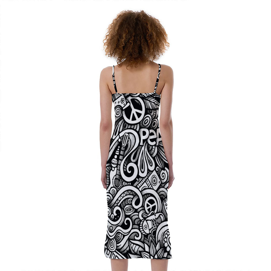 Graffiti Surfing Pattern Print Slim Fit Midi Cami Dress