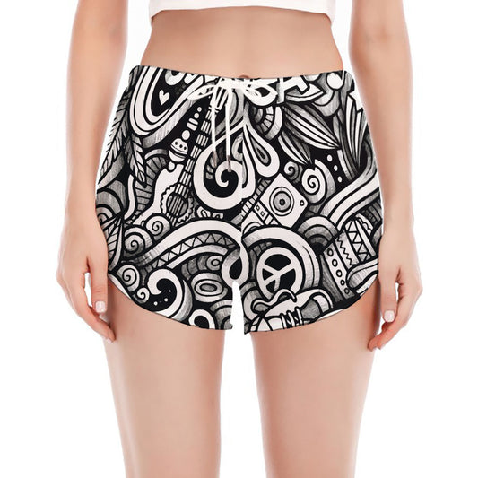 Graffiti Surfing Pattern Print Women's Split Running Shorts