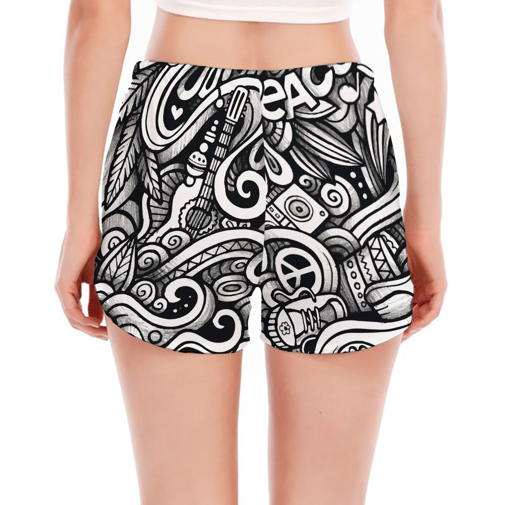 Graffiti Surfing Pattern Print Women's Split Running Shorts