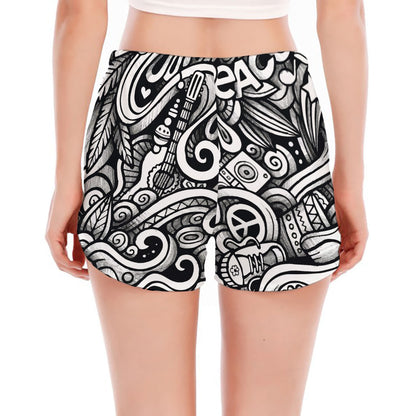 Graffiti Surfing Pattern Print Women's Split Running Shorts