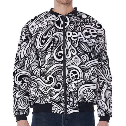 Graffiti Surfing Pattern Print Zip Sleeve Bomber Jacket
