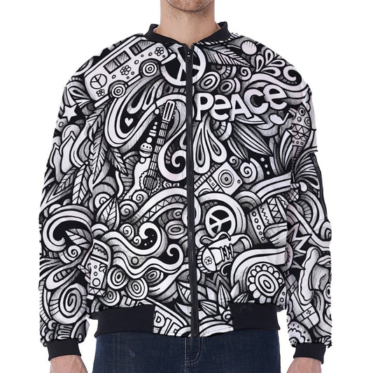 Graffiti Surfing Pattern Print Zip Sleeve Bomber Jacket