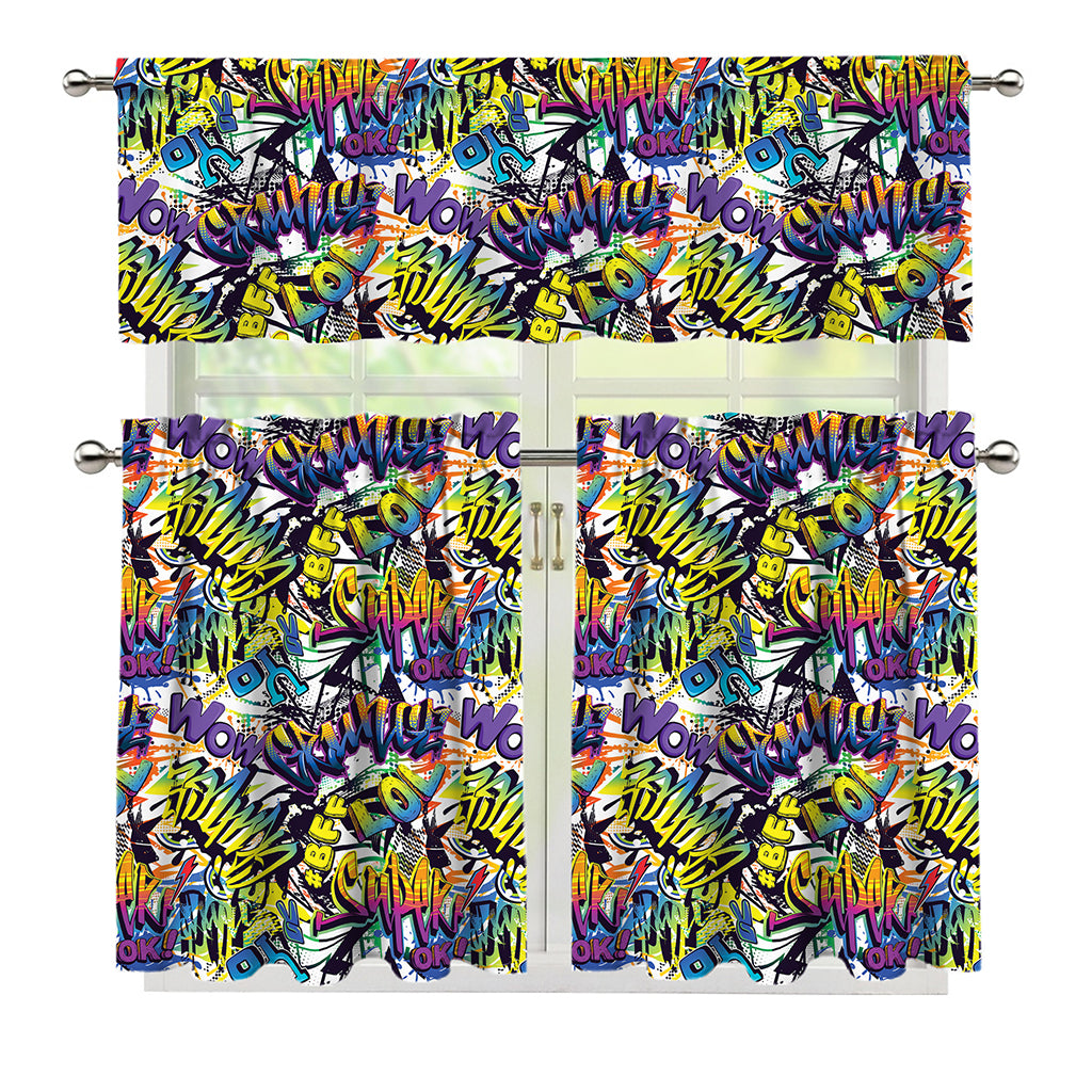 Graffiti Text Pattern Print 3 Piece Kitchen Curtains