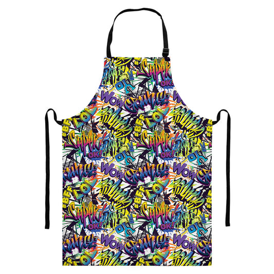 Graffiti Text Pattern Print Bib Apron With Pocket