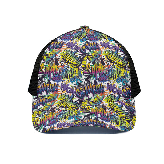 Graffiti Text Pattern Print Black Mesh Trucker Cap