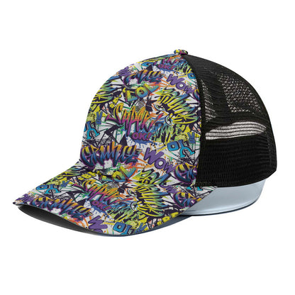 Graffiti Text Pattern Print Black Mesh Trucker Cap