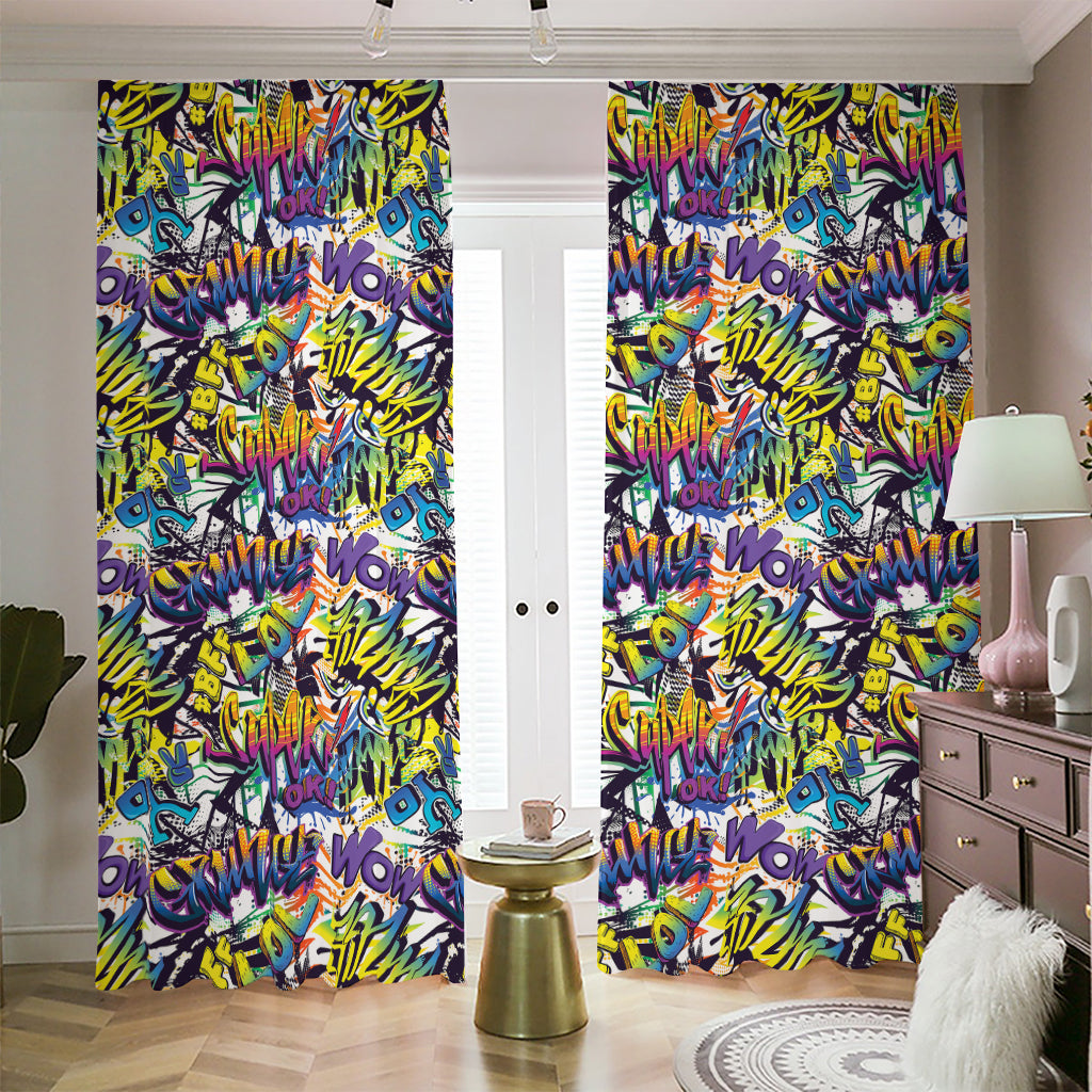 Graffiti Text Pattern Print Blackout Pencil Pleat Curtains