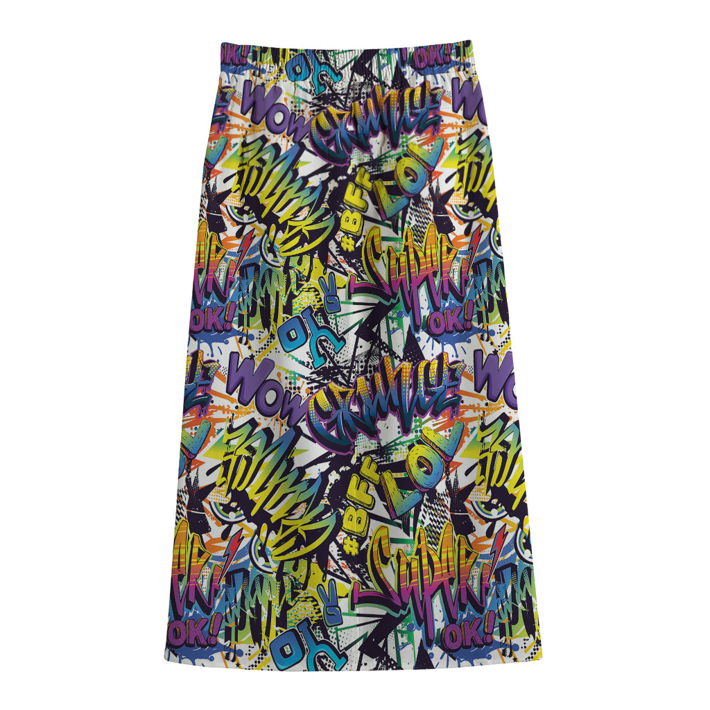 Graffiti Text Pattern Print Cotton Front Slit Maxi Skirt