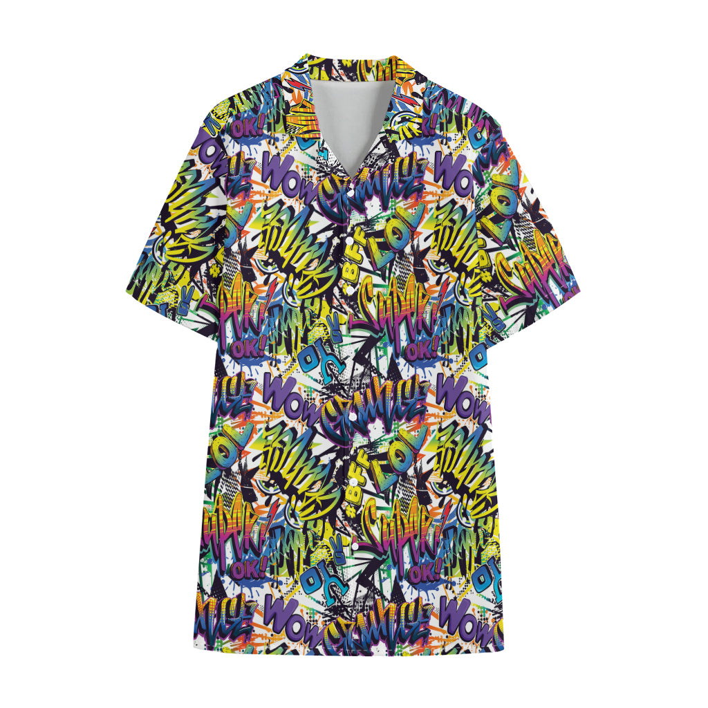 Graffiti Text Pattern Print Cotton Hawaiian Shirt