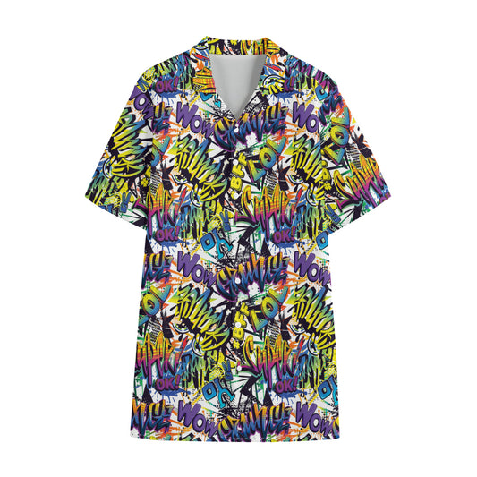 Graffiti Text Pattern Print Cotton Hawaiian Shirt