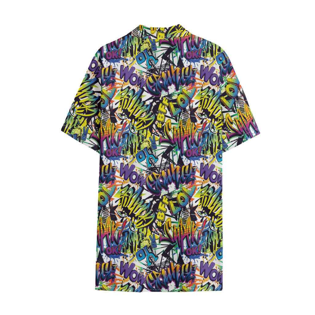 Graffiti Text Pattern Print Cotton Hawaiian Shirt