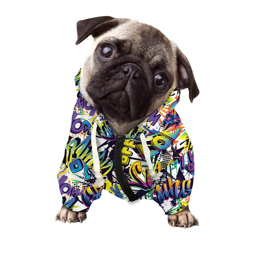 Graffiti Text Pattern Print Dog Zip Up Hoodie
