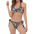 Graffiti Text Pattern Print Halter Scoop Tie Side Bikini