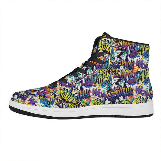 Graffiti Text Pattern Print High Top Leather Sneakers