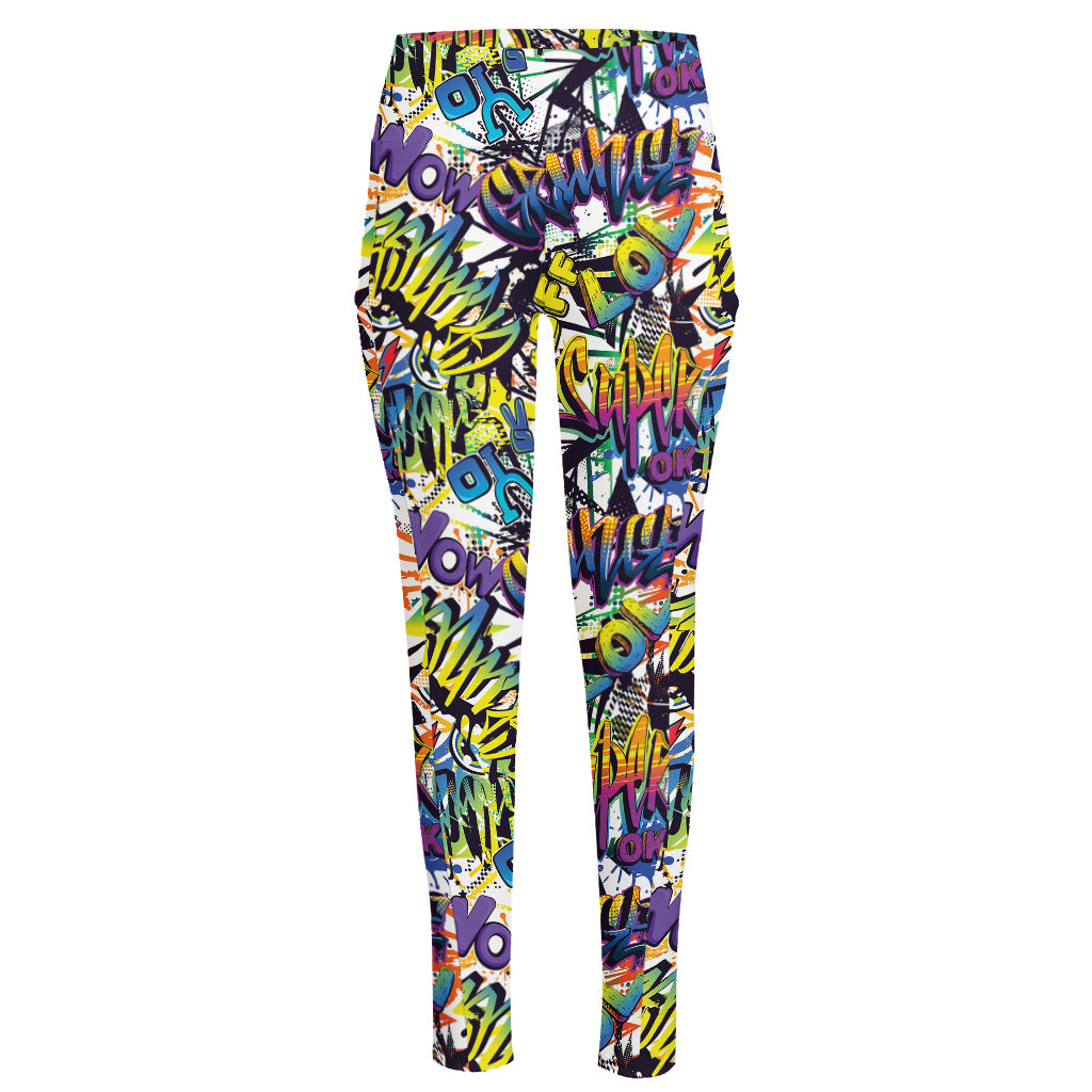 Graffiti Text Pattern Print High-Waisted Pocket Leggings