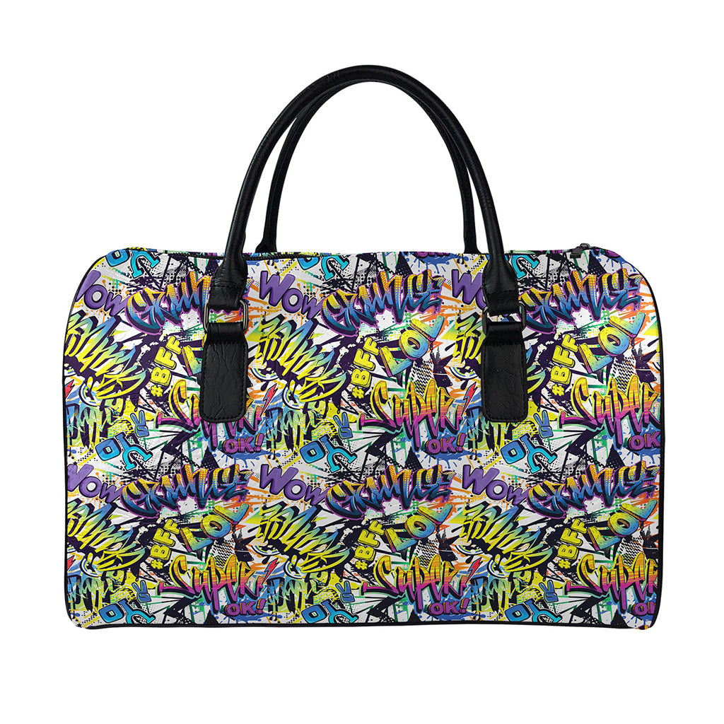 Graffiti Text Pattern Print Leather Duffle Bag