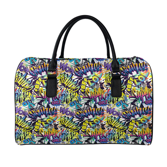 Graffiti Text Pattern Print Leather Duffle Bag