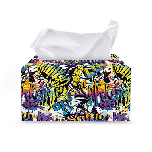 Graffiti Text Pattern Print Leather Tissue Box Cover