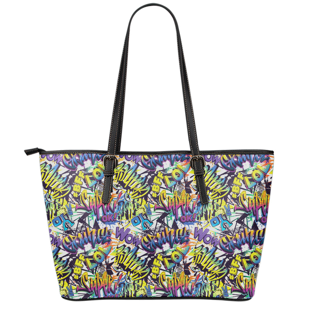 Graffiti Text Pattern Print Leather Tote Bag