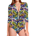 Graffiti Text Pattern Print Long Sleeve Swimsuit