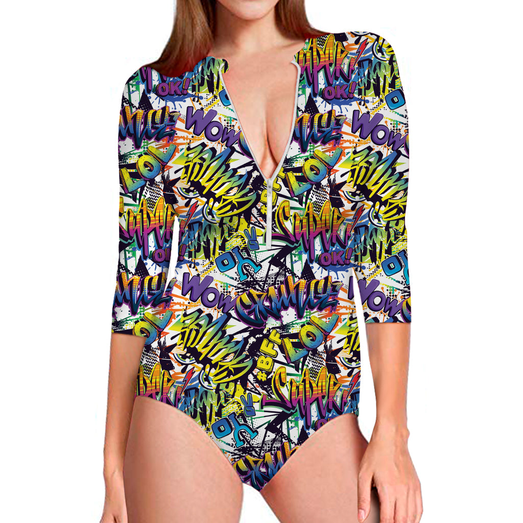 Graffiti Text Pattern Print Long Sleeve Swimsuit