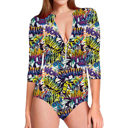 Graffiti Text Pattern Print Long Sleeve Swimsuit