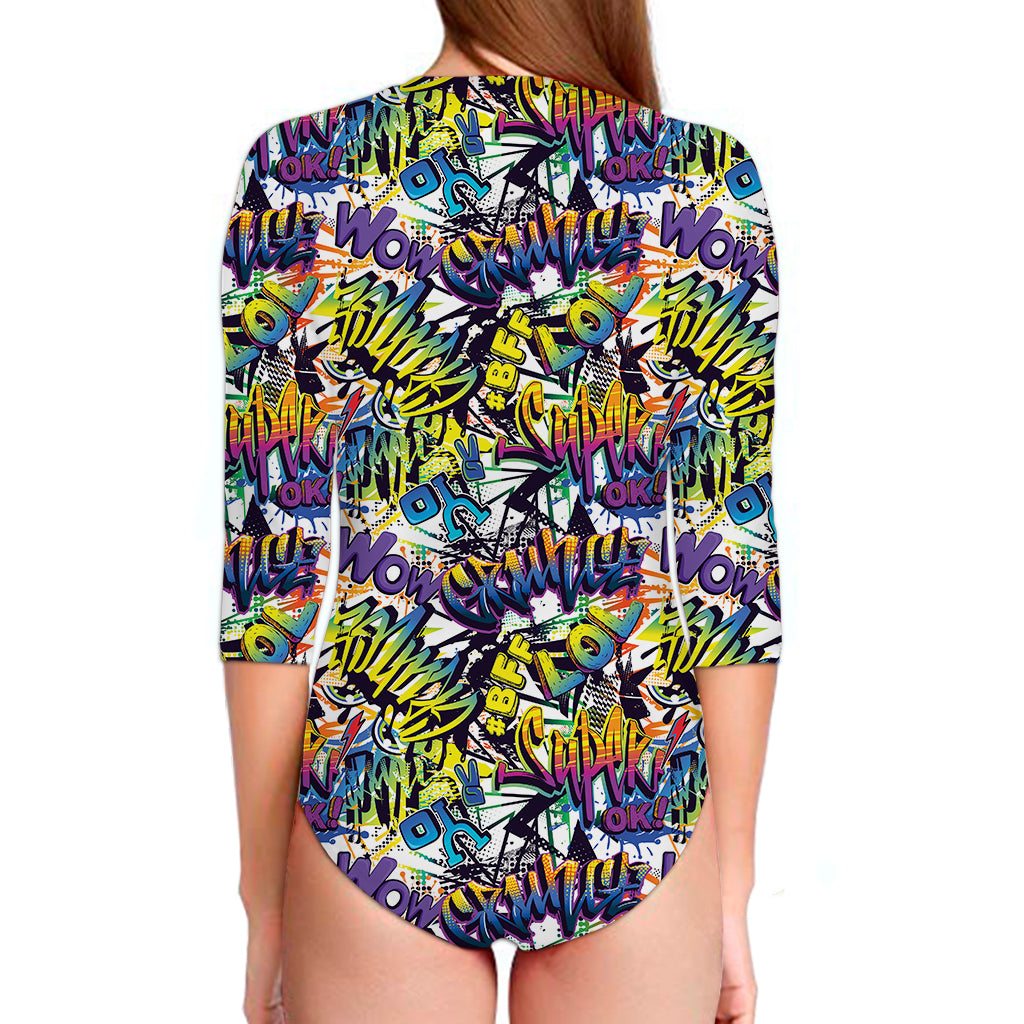 Graffiti Text Pattern Print Long Sleeve Swimsuit
