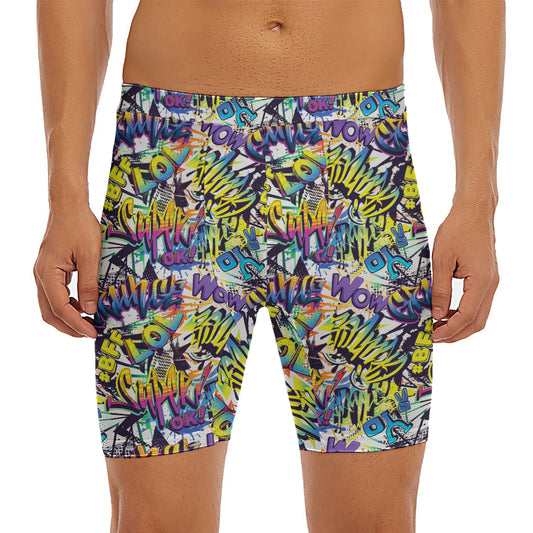 Graffiti Text Pattern Print Men's Long Boxer Briefs