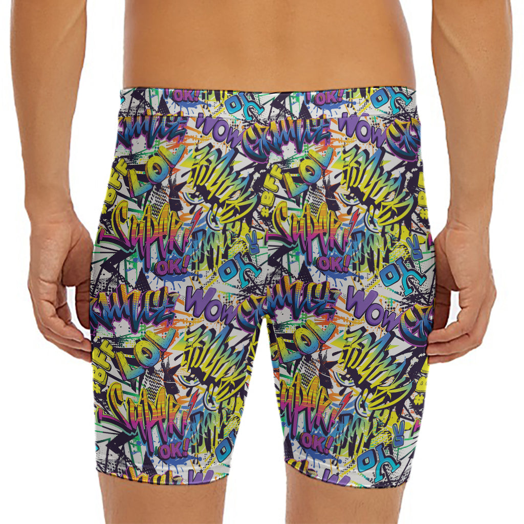 Graffiti Text Pattern Print Men's Long Boxer Briefs