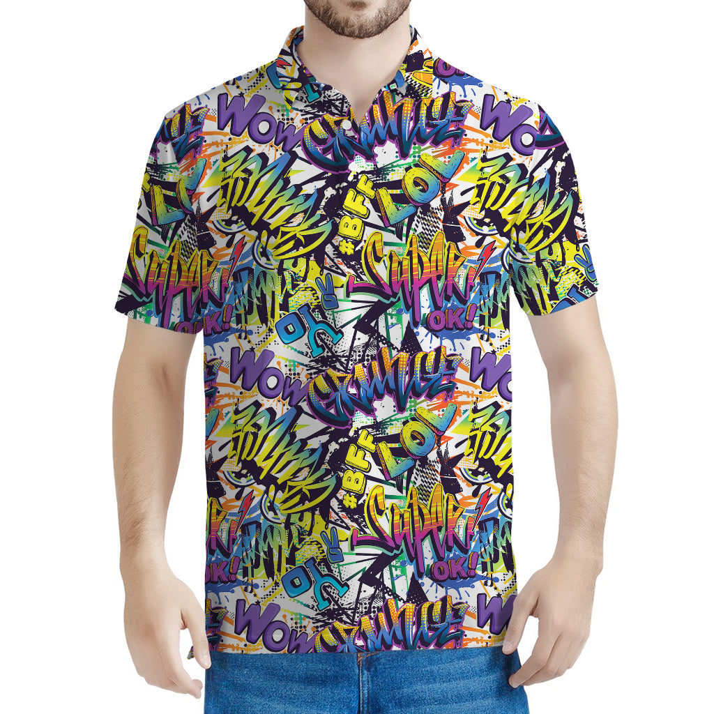 Graffiti Text Pattern Print Men's Polo Shirt