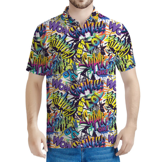 Graffiti Text Pattern Print Men's Polo Shirt