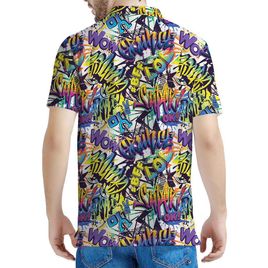 Graffiti Text Pattern Print Men's Polo Shirt
