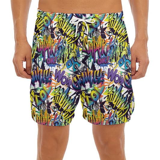 Graffiti Text Pattern Print Men's Split Running Shorts
