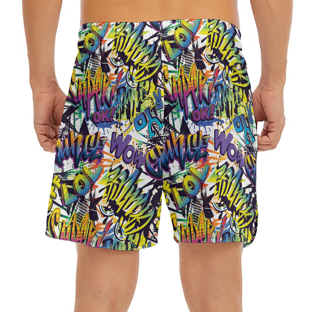 Graffiti Text Pattern Print Men's Split Running Shorts