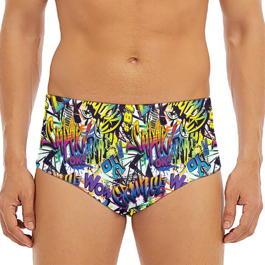 Graffiti Text Pattern Print Men's Triangle Swim Briefs