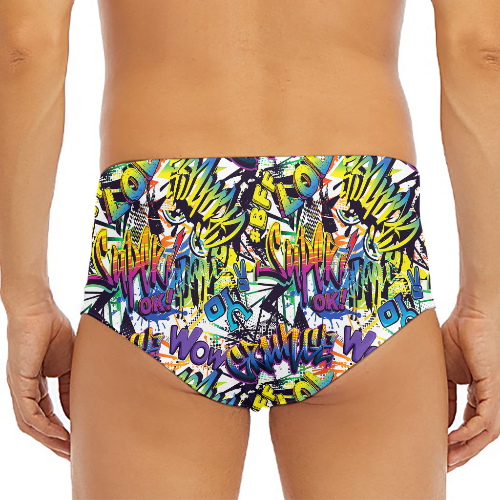 Graffiti Text Pattern Print Men's Triangle Swim Briefs
