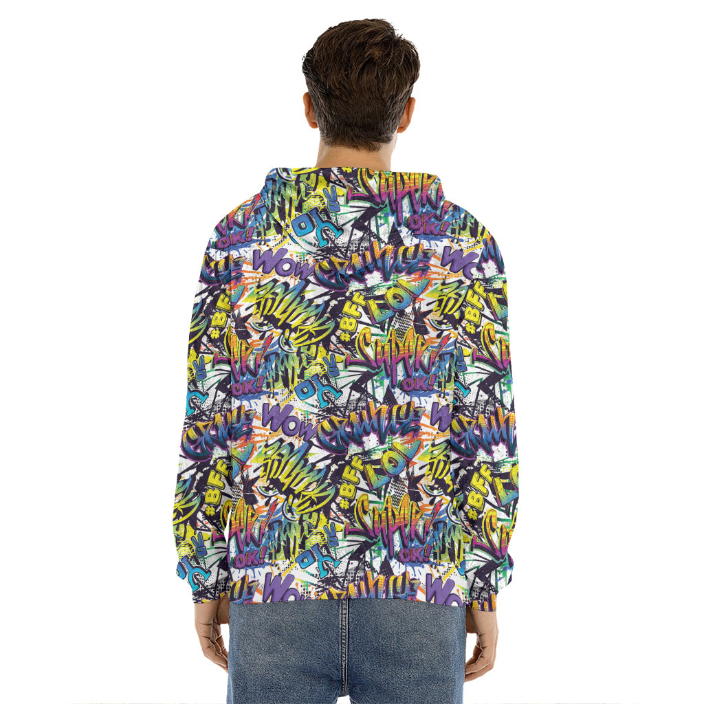 Graffiti Text Pattern Print Men's Velvet Pullover Hoodie