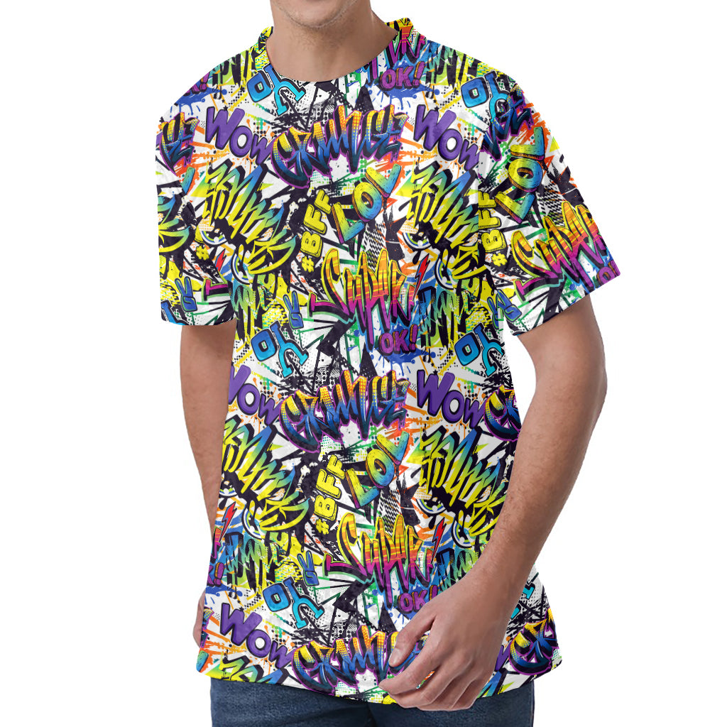 Graffiti Text Pattern Print Men's Velvet T-Shirt