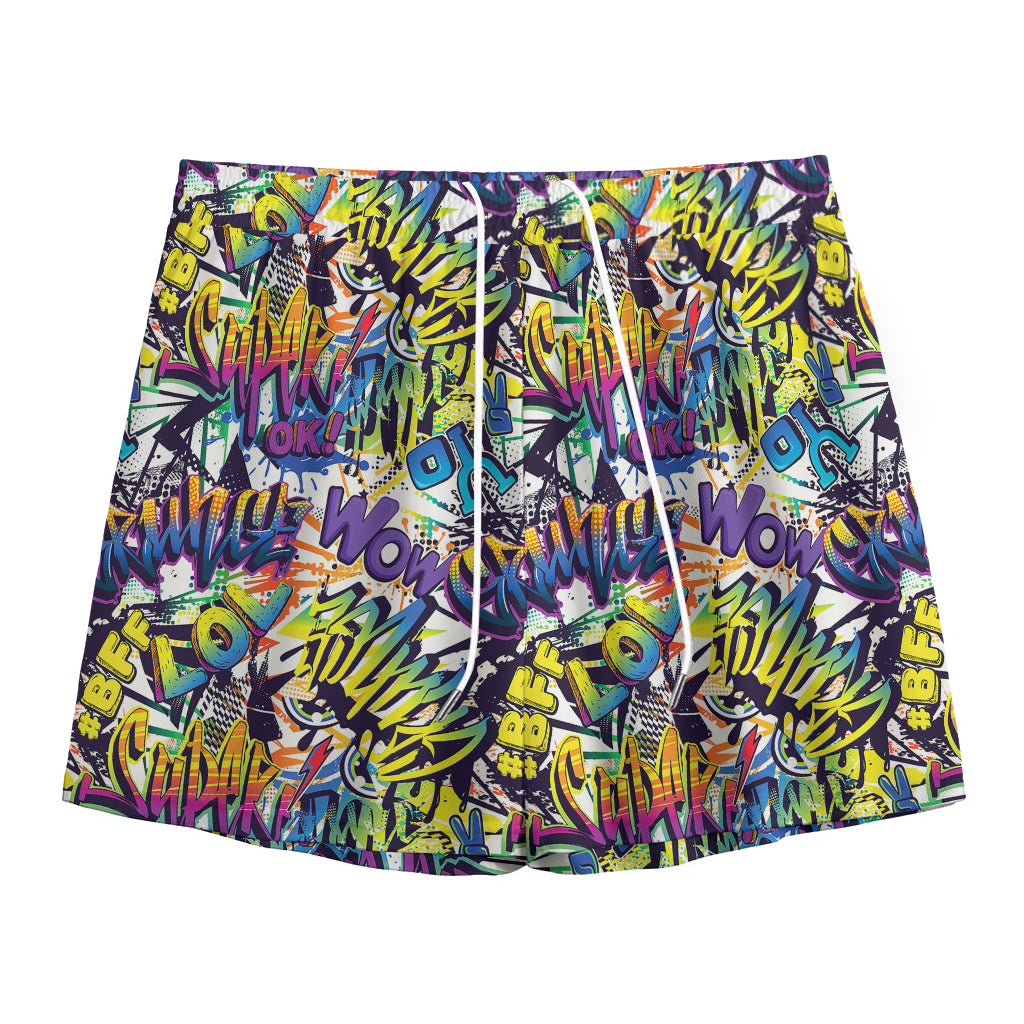 Graffiti Text Pattern Print Mesh Shorts