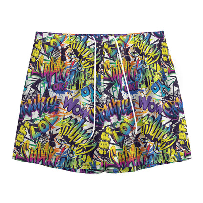 Graffiti Text Pattern Print Mesh Shorts