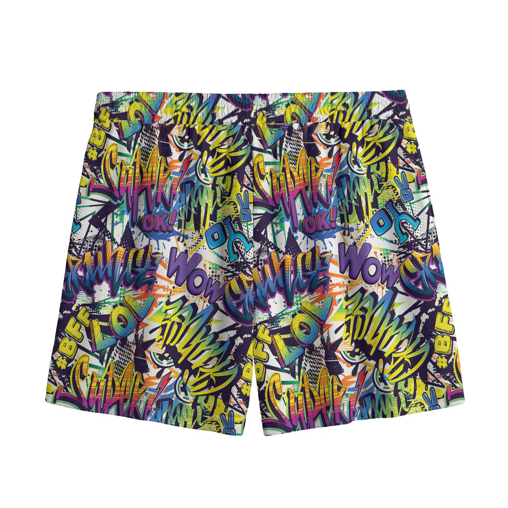 Graffiti Text Pattern Print Mesh Shorts