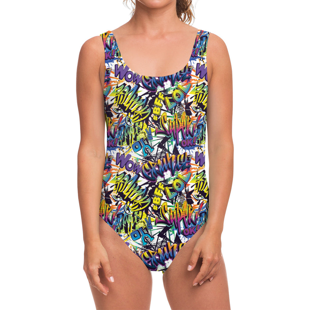 Graffiti Text Pattern Print One Piece Swimsuit
