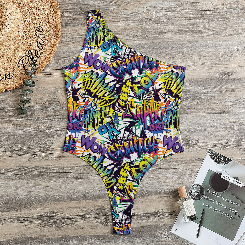 Graffiti Text Pattern Print One Shoulder Bodysuit