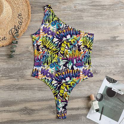 Graffiti Text Pattern Print One Shoulder Bodysuit